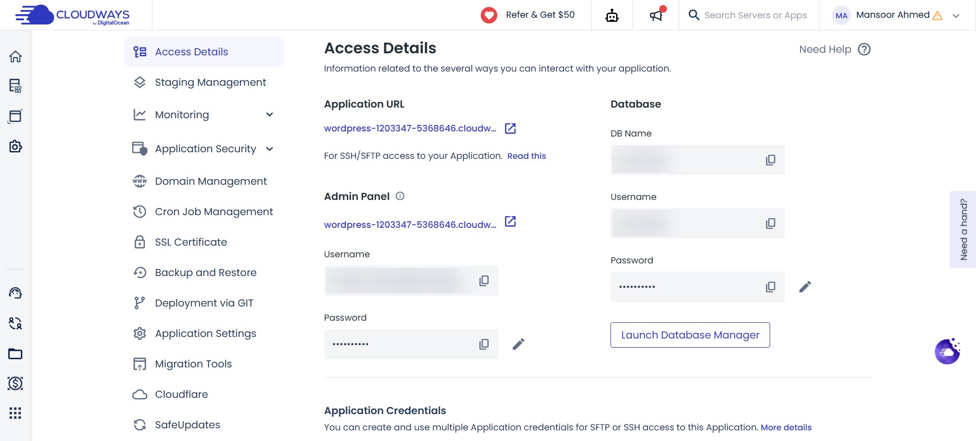 cloudways application access details