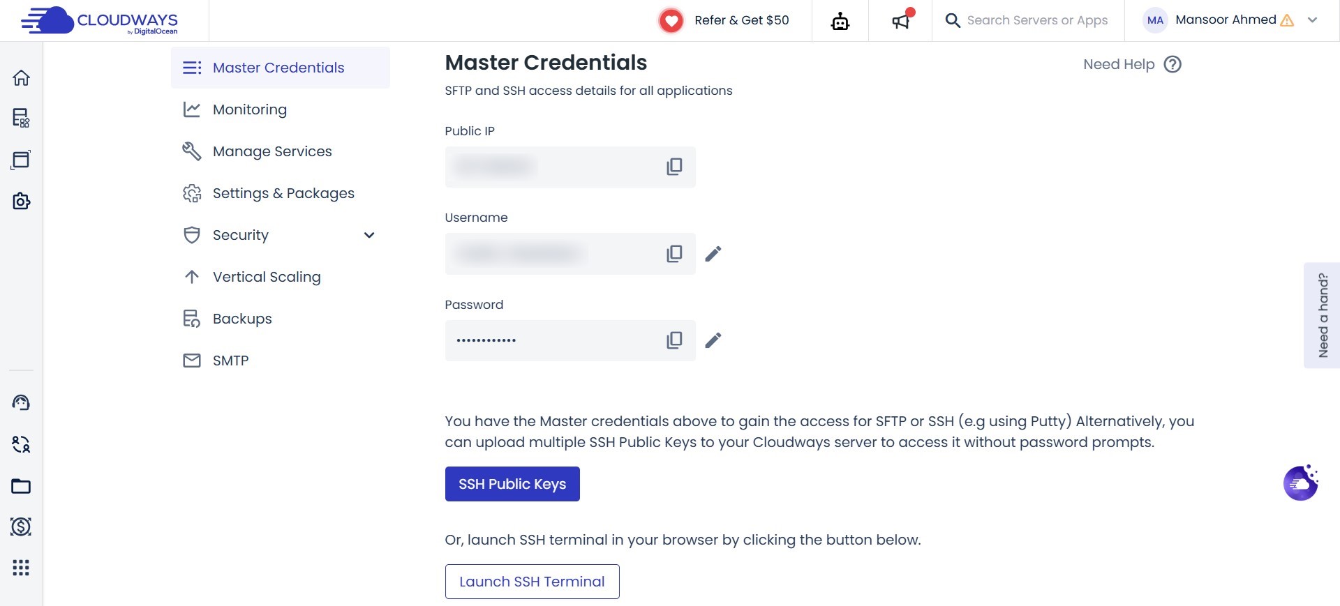 cloudways server master credentials