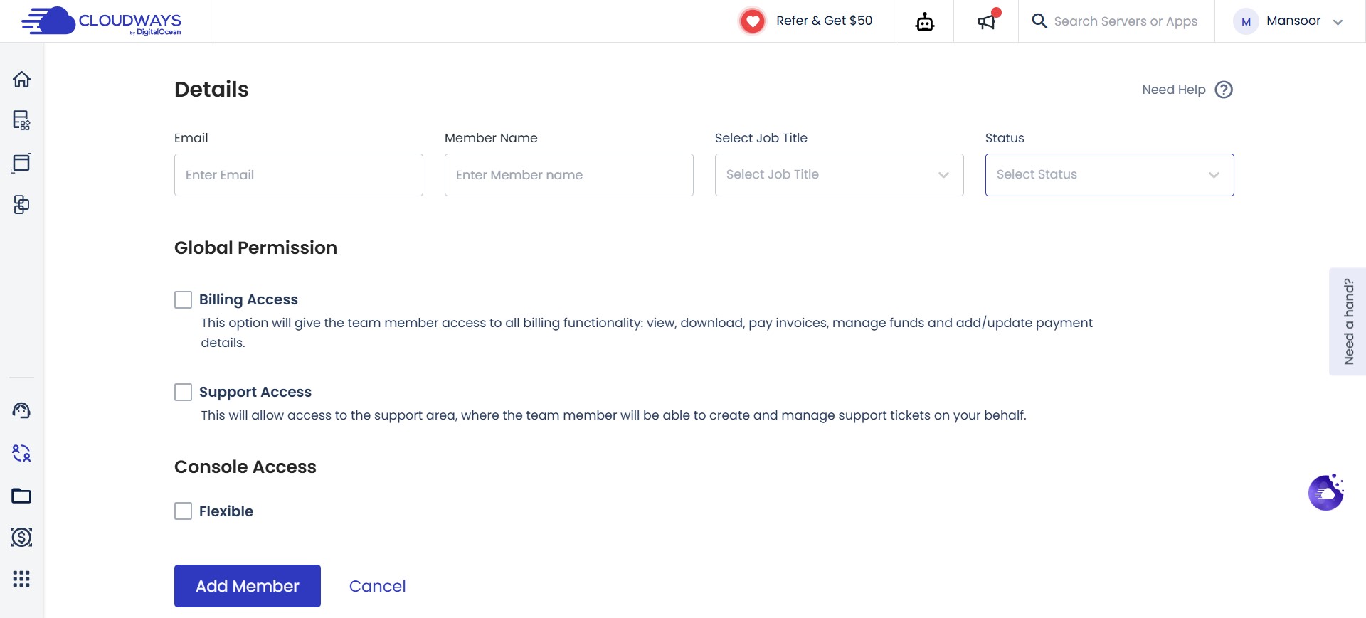 add team member cloudways