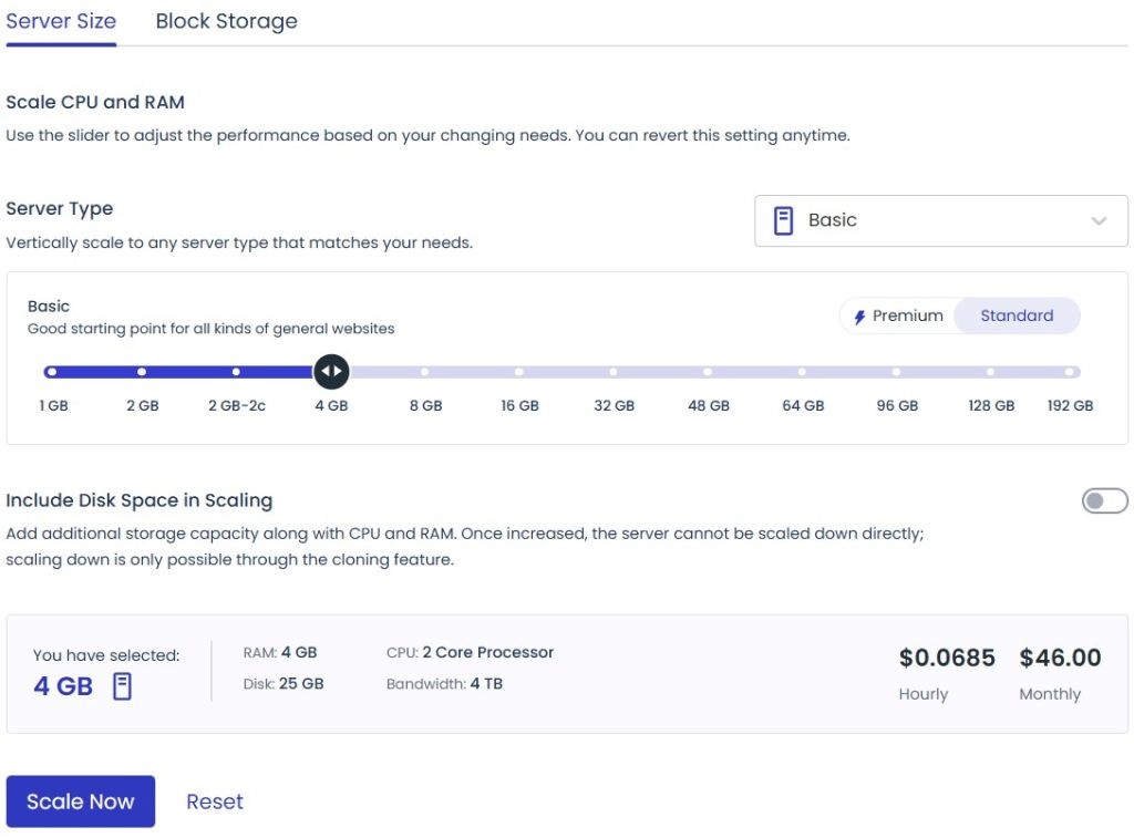server size scaling interface