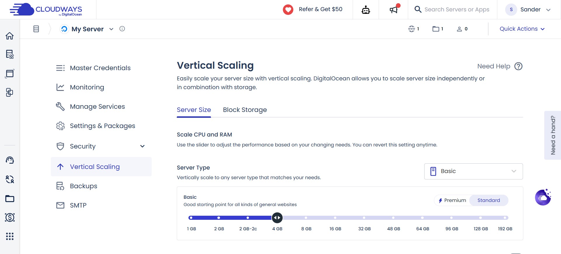 cloudways vertical scaling dashboard