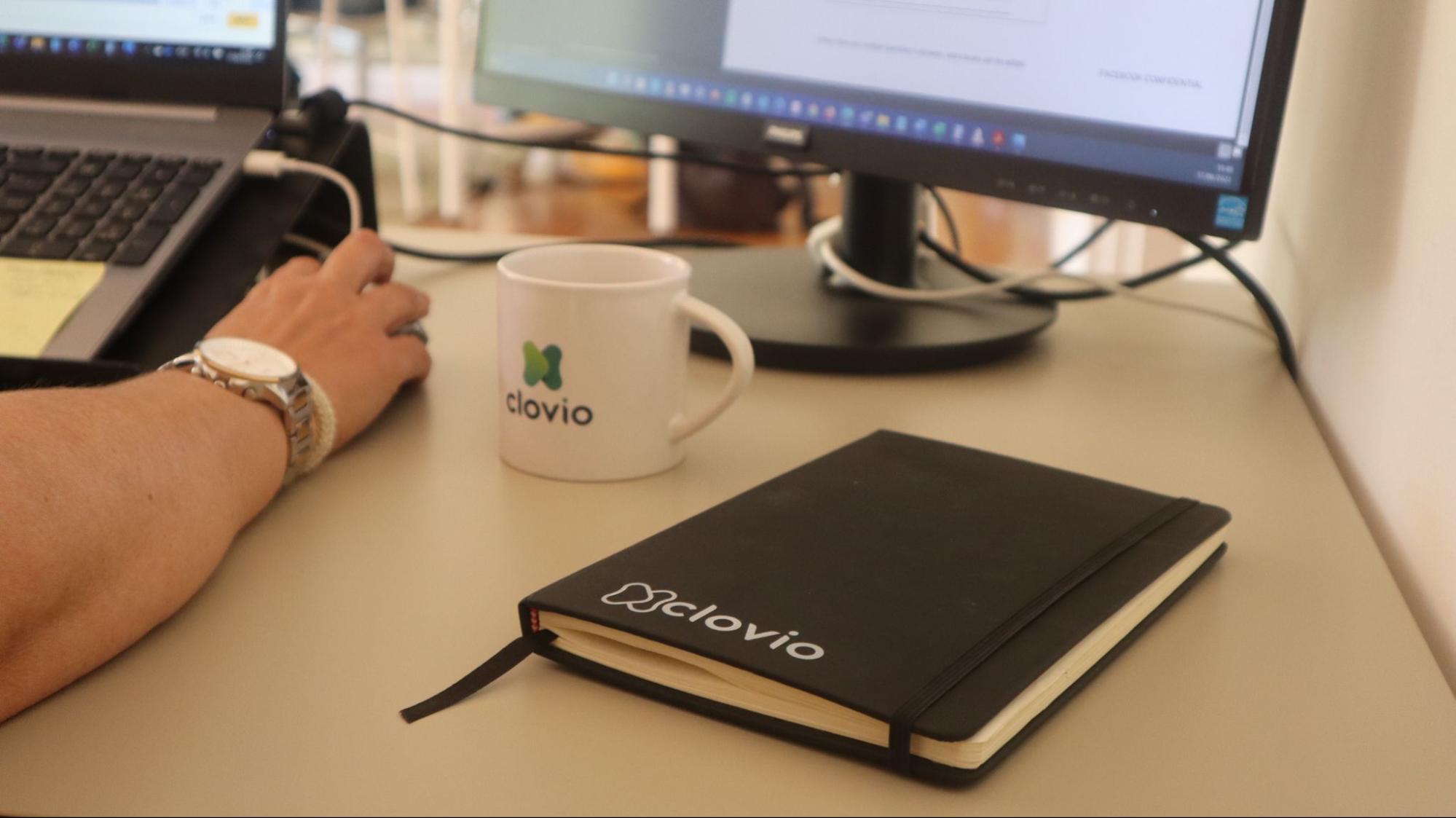 clovio workspace notebook and mug