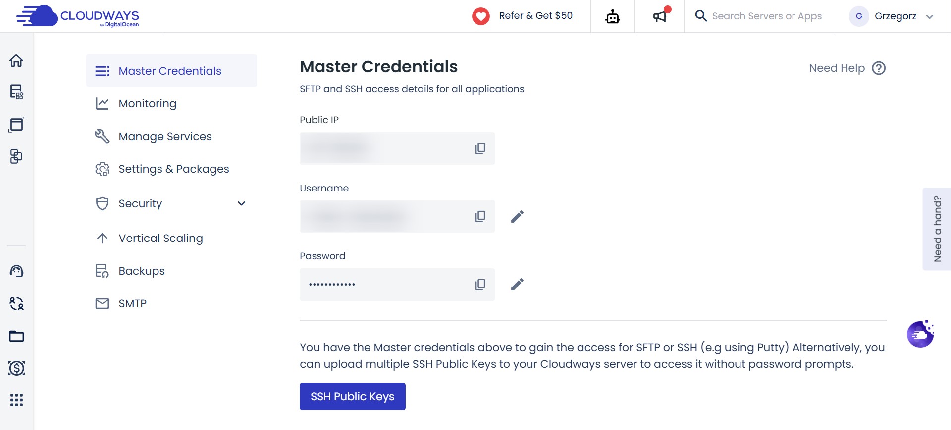 cloudways server master credentials