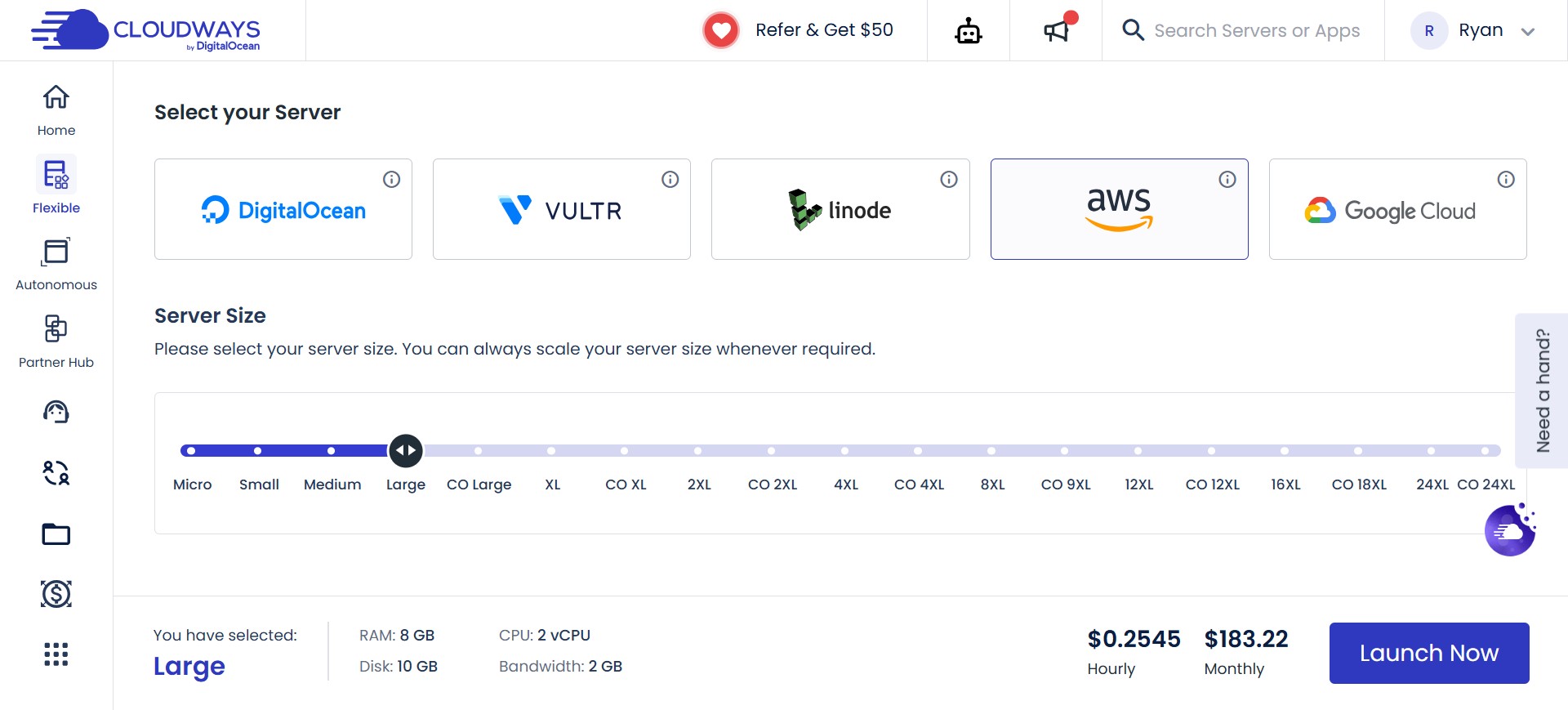 cloudways server selection dashboard