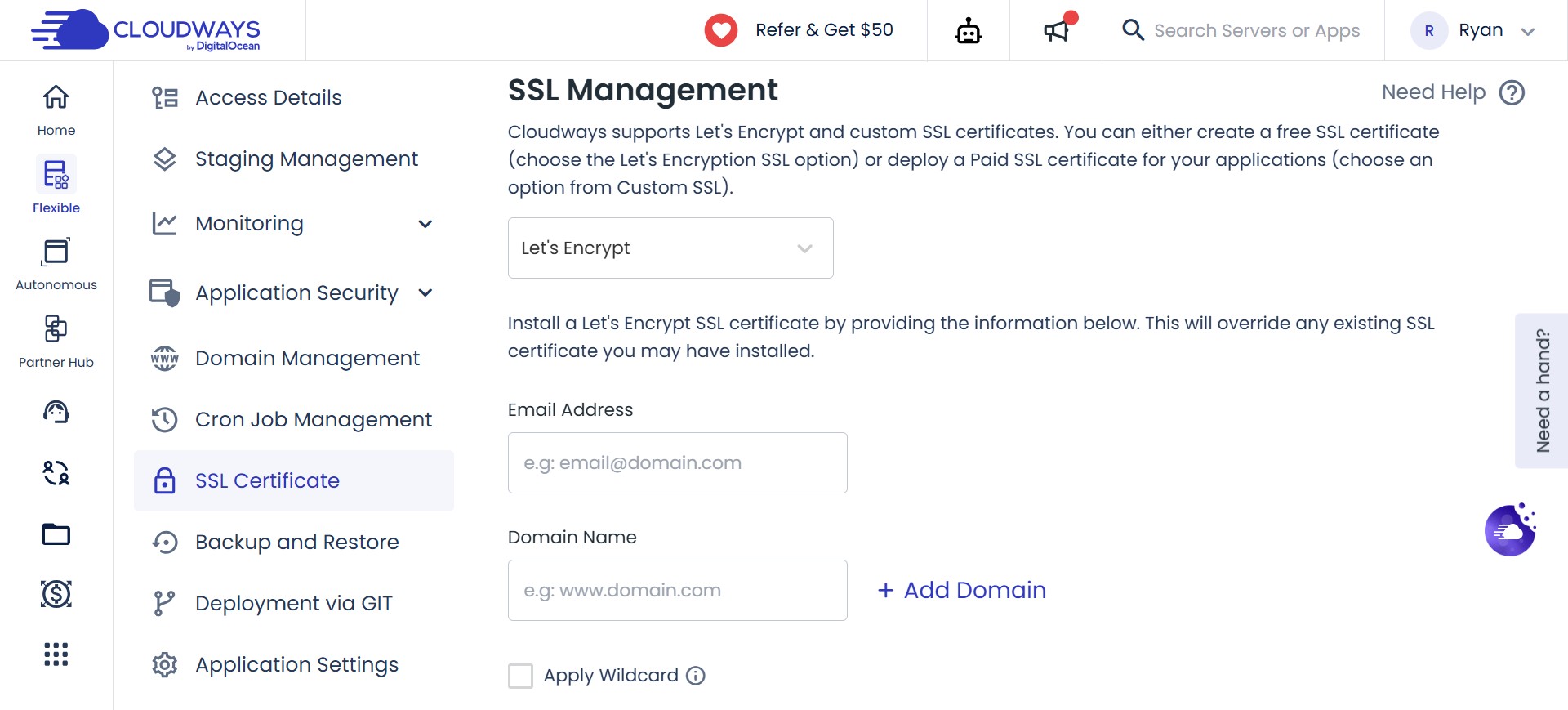 cloudways ssl management interface